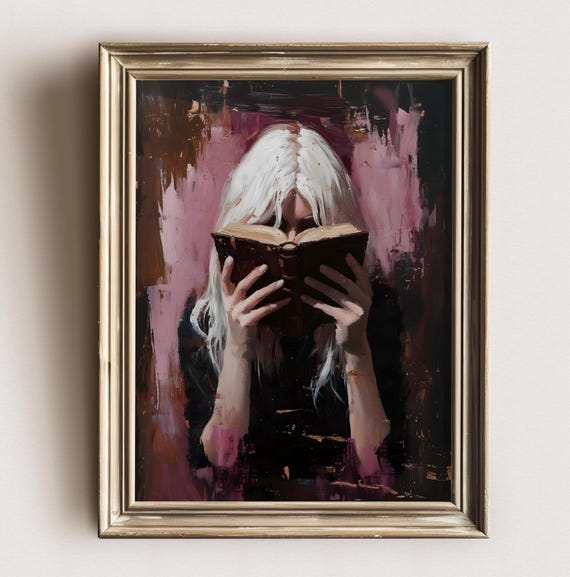 Victorian Woman Bookish Wall Art Print Dark Academia Reading Decor Librariancore Wall Art Moody Reading Nook Painting Book Lover Gift