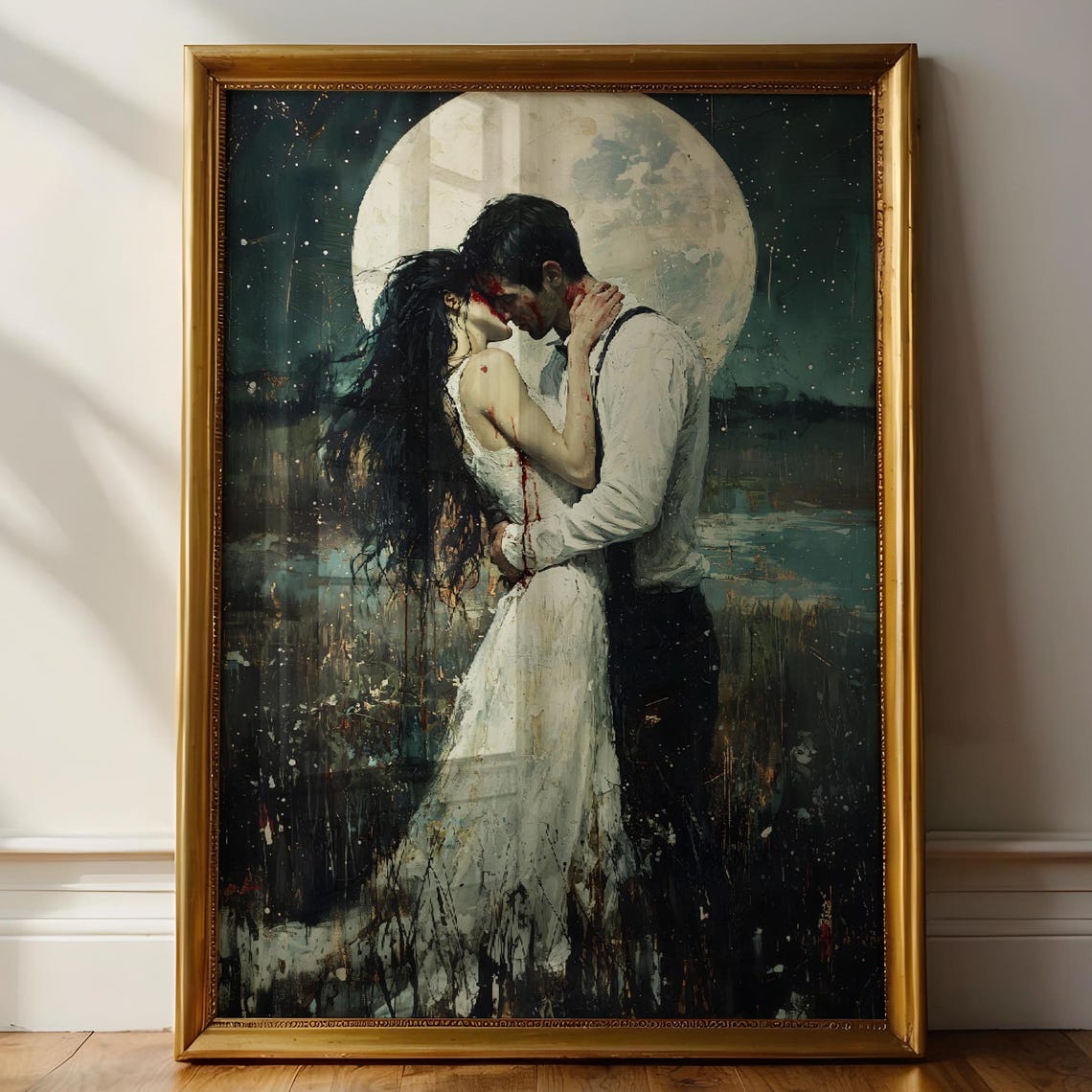 Vampire Couple Full Moon Bloody Embrace Gothic Romance Wall Art - Image 2