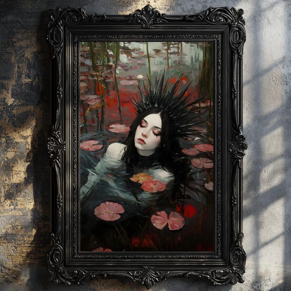 Ophelia Dark Academia Print The Lake Goth Moody Victorian Wall Art Dark Decor Aesthetic Dark Cottagecore Gothic Prints Into Lake