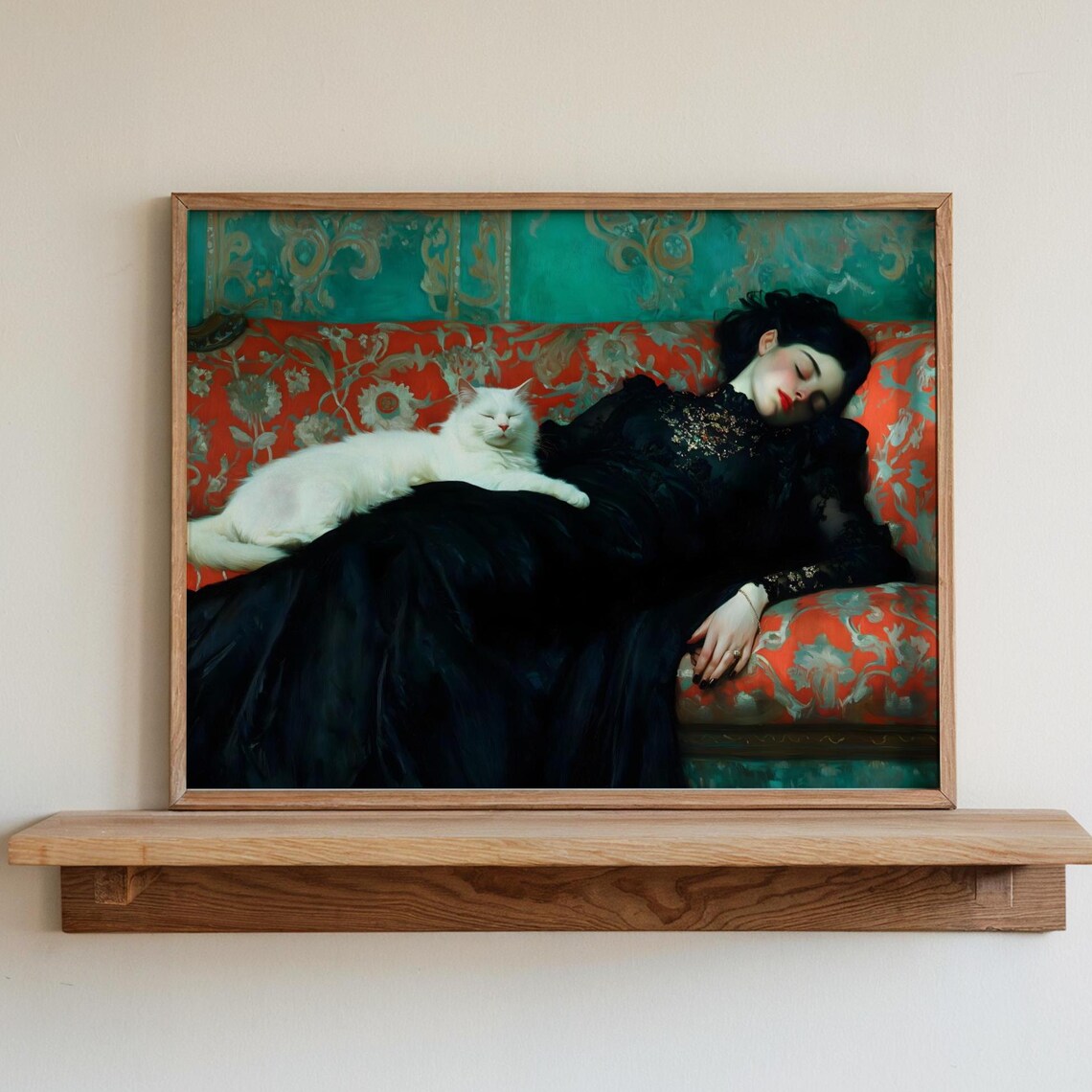 Cat And Woman Sleeping On A Couch, Victorian Art Print - Image 4