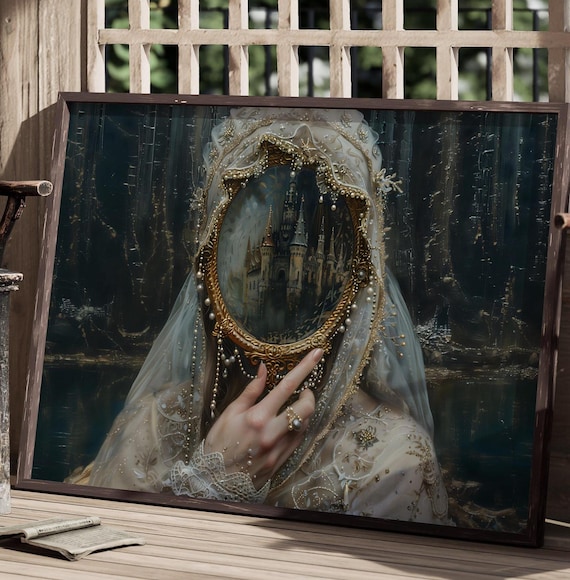 Veiled Woman Castle Mirror Vintage Lace Dark Moody Art Poster