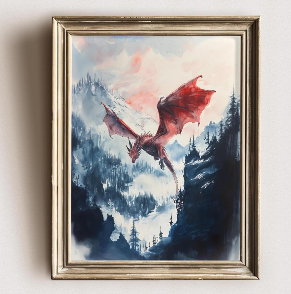 Mystic Dragon Watercolor Poster, Dark Academia Fantasy