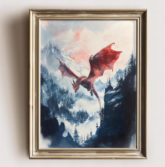 Mystic Dragon Watercolor Poster, Dark Academia Fantasy