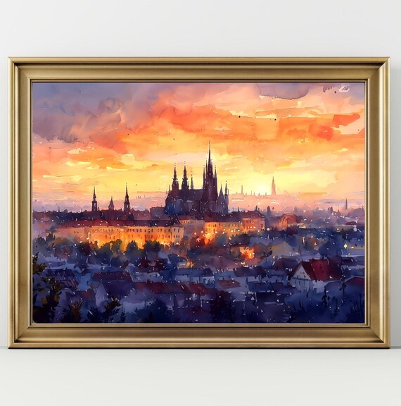 Prague Castle St Vitus Cathedral Sunset Watercolor Old Town Skyline Poster