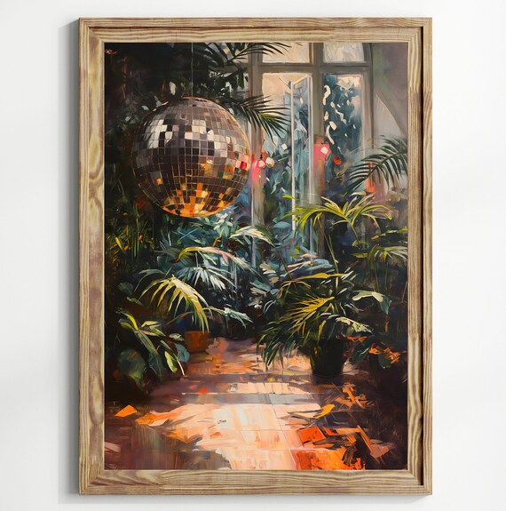 Moody Disco Ball Eclectic Home Decor Heathouse Botanical Art Disco Ball Mirrorball 70s Style Warm Aesthetic Retro Funky Houseplants Art