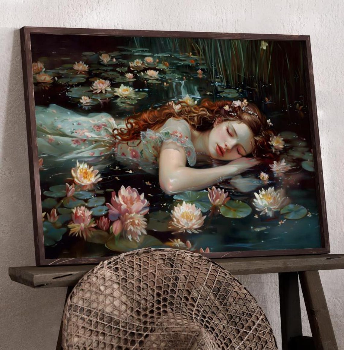 Ophelia Sleeping Water Lilies Pond Red Hair Dark Romantic Print