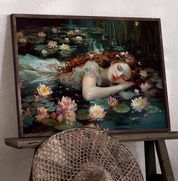 Ophelia Swimming With Flowers Dark Academia Print Goth Moody Victorian Wall Art Dark Decor Aesthetic Dark Cottagecore Gothic Prints