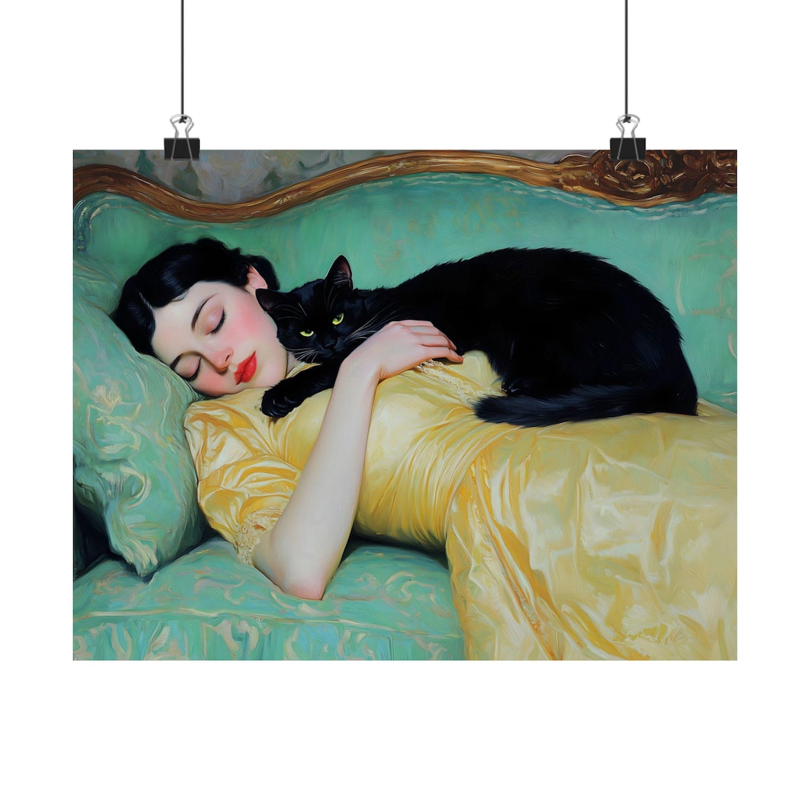 Cat and Woman Sleeping on a Couch, Victorian Print