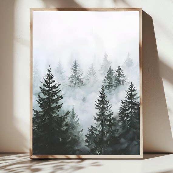 Pine Tree Forest Print Moody Foggy Landscape Vintage Pine Tree Forest Winter Landscape Print Misty Forest Fall Rustic Cabin Wall Decor