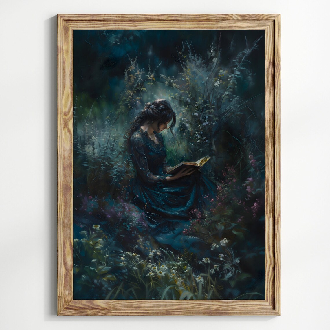 Victorian Bookish Woman Reading Wildflowers, Art Print