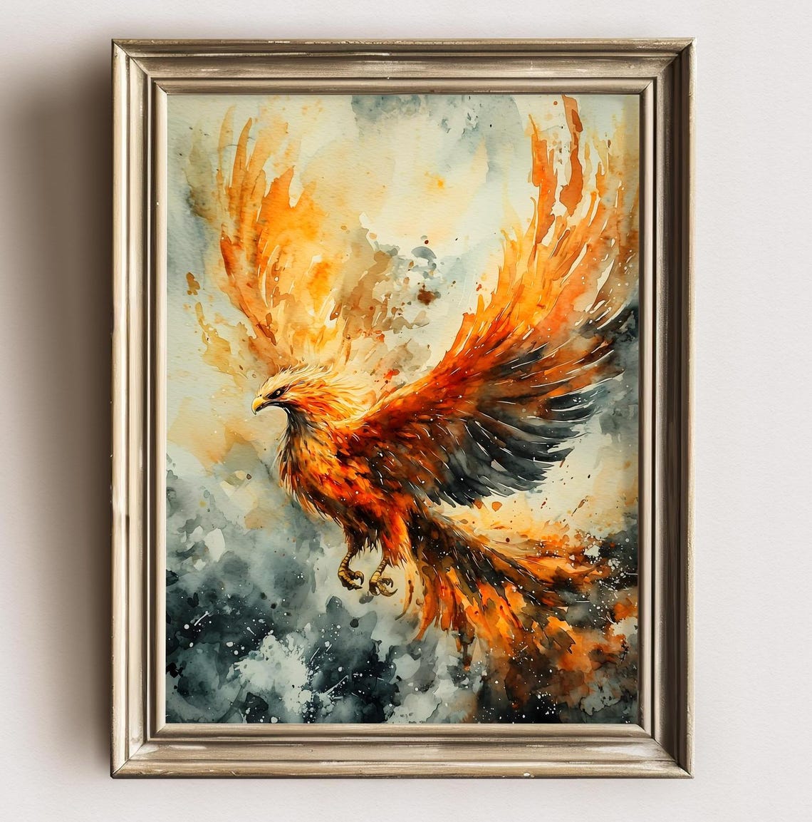 Fire Phoenix Rising Flames Wings Orange Watercolor Fantasy Poster
