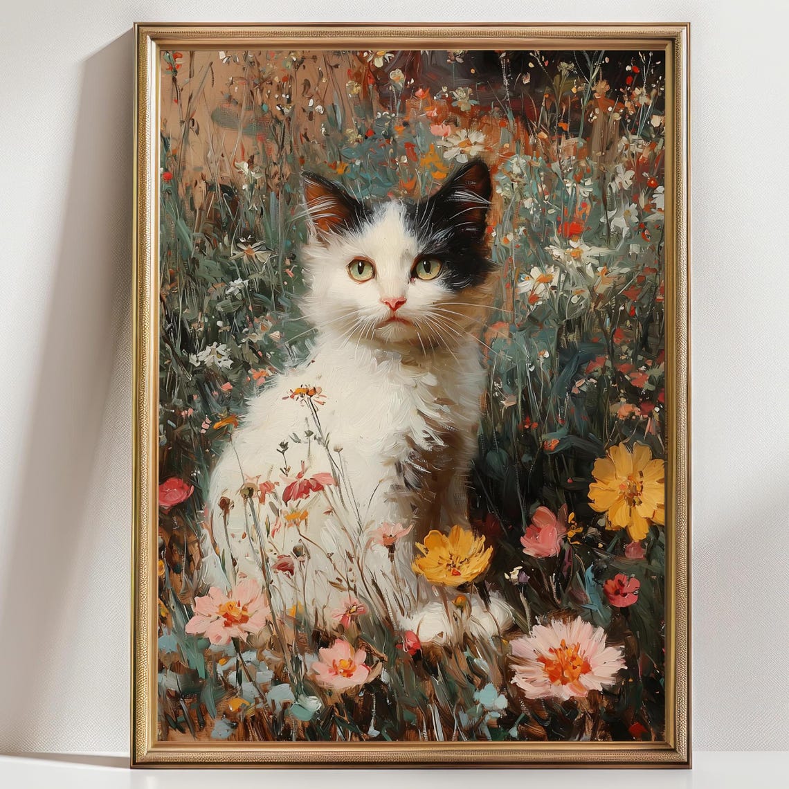 White Cat Black Markings Wildflower Meadow Vintage Floral Art Print - Image 2