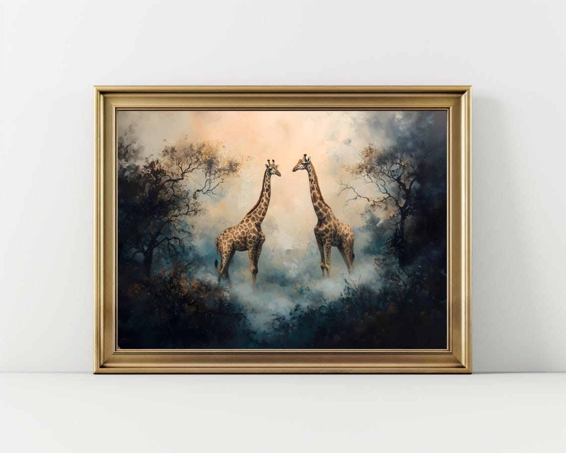 Two Giraffes Facing Misty Pale Forest Dreamy Wildlife Wall Art - Image 2