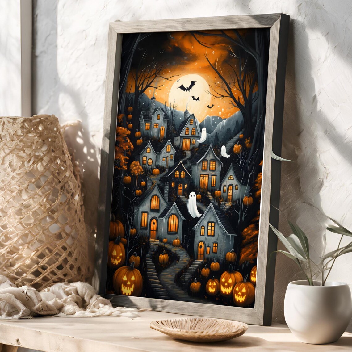 Halloween Town Folk Art Print, Vintage Halloween Poster - Image 3