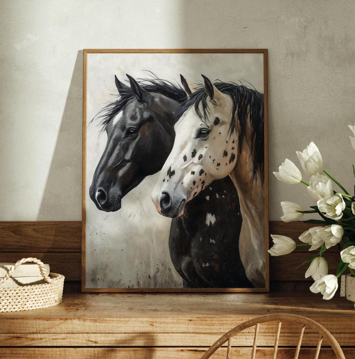 Black And White Appaloosa Horse Pair Oil Painting Equestrian Art Print