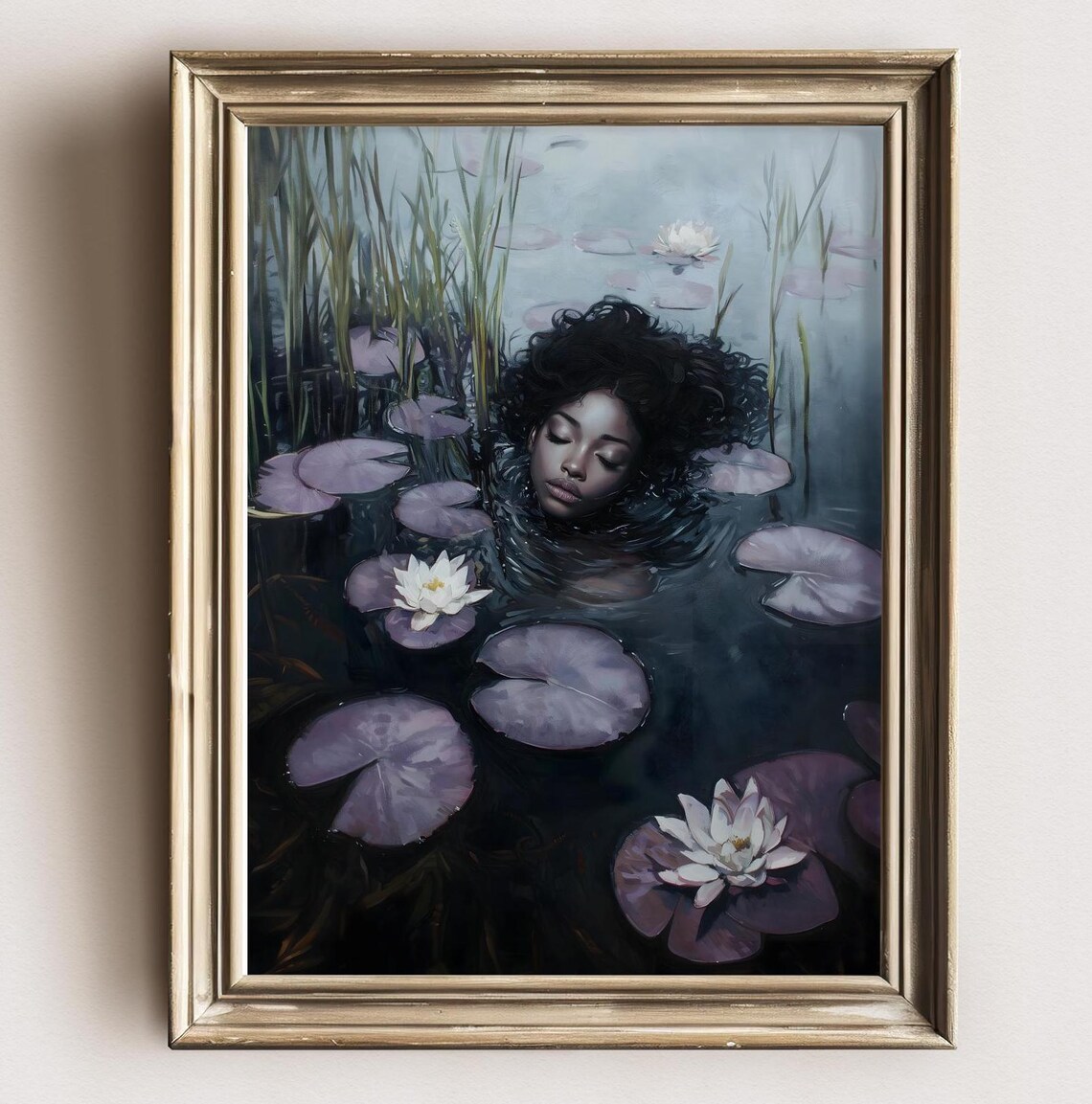 Black Woman With Curly Hair Among Dark Purple Lilies Art Print