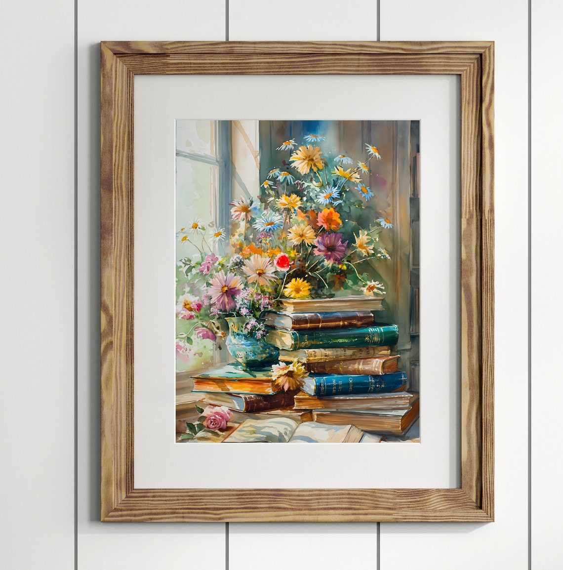 Stack Of Books Wildflowers Vase Window Light Watercolor Bookish Print - Image 4