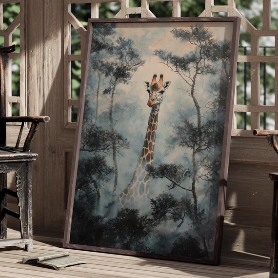 Giraffe Print Moody Jungle Painting Eclectic Wall Art Print Dark Cottagecore Landscape Safari Farmhouse Giraffe Lover Africa Decor