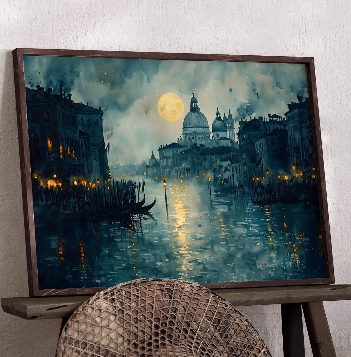 Venice Italy Grand Canal Full Moon Domed Church Gondolas Travel Poster