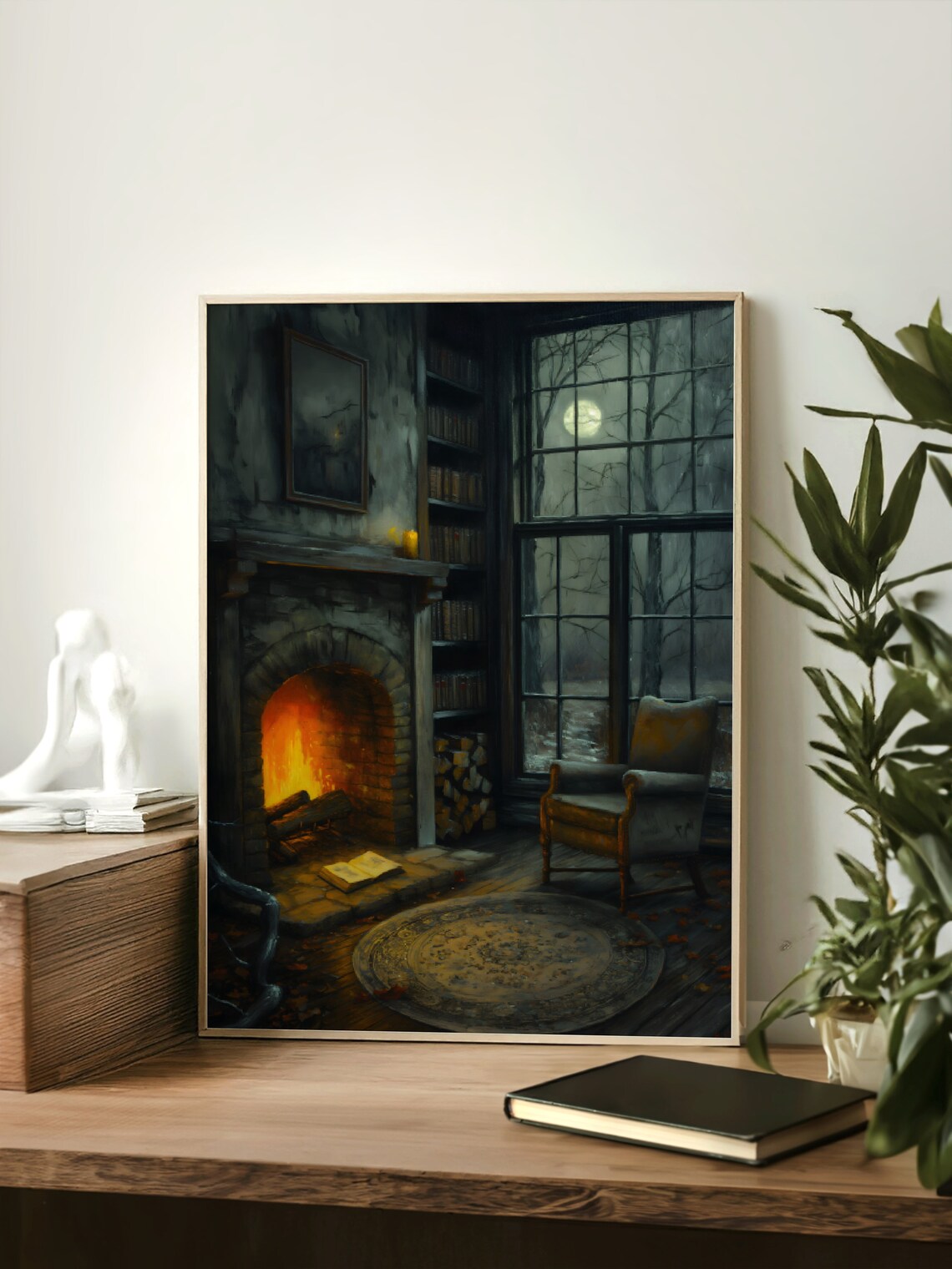 Haunted Library Fireplace Moonlit Window Spooky Dark Academia Art Poster - Image 2
