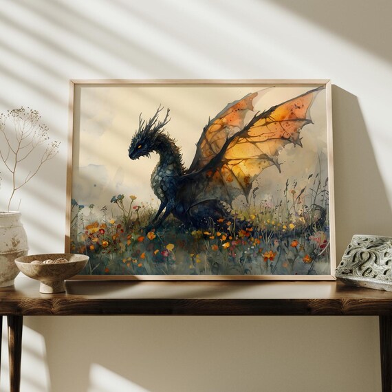 Dragon Watercolor Art Horizontal Poster Print Fantasy Art Forest And A Dragon Fantasy Painting Watercolor Illustration Dark Academia