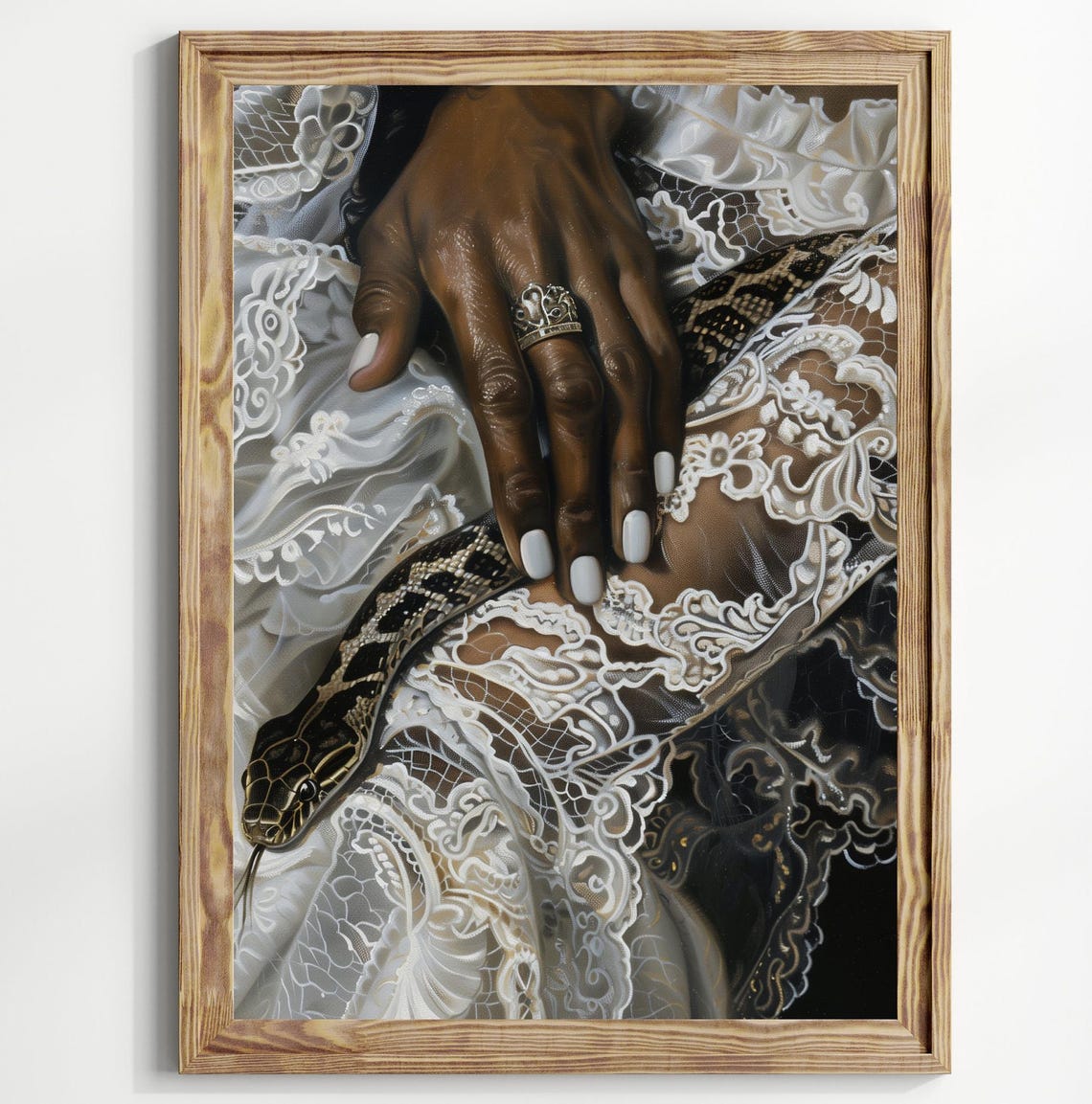 Dark Skinned Hand With Snake on White Lace and Gold Ring Art Print