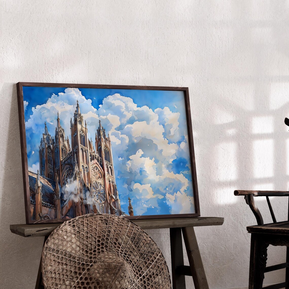Gothic Cathedral Rose Window Blue Cloudy Sky Watercolor Architecture Print - Image 2