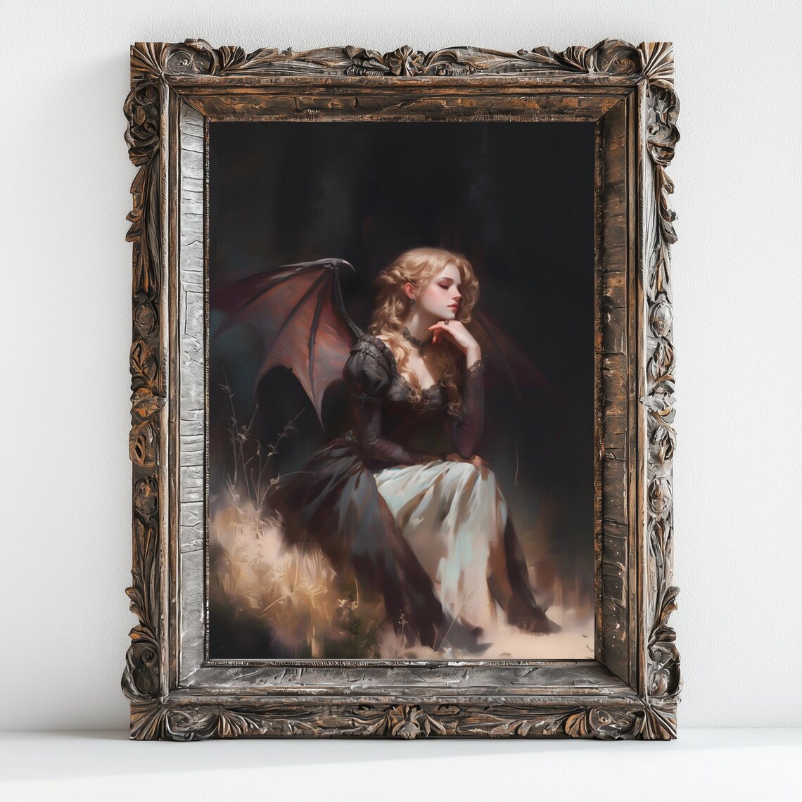 Blond Succubus Bat Wings Black Dress Moonlit Gothic Oil Painting Print