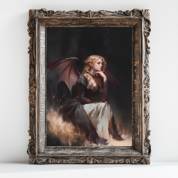 Blond Succubus Bat Wings Black Dress Moonlit Gothic Oil Painting Print