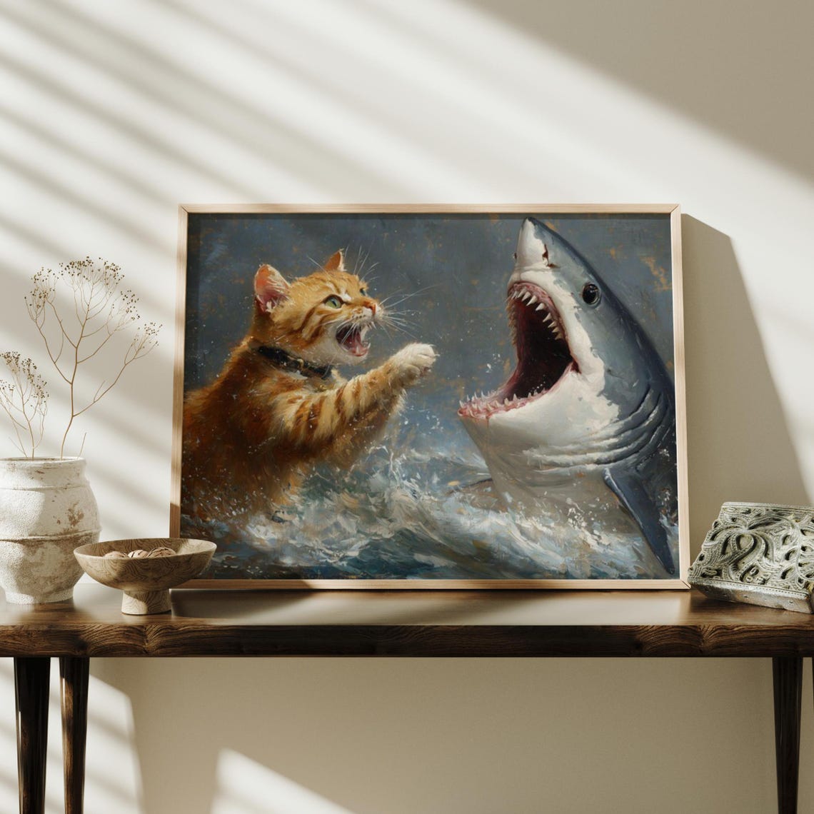 Orange Tabby Cat Fighting Shark Funny Vintage Oil Painting Poster