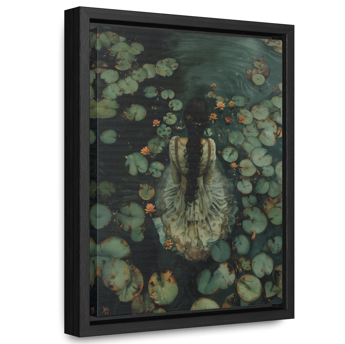 Woman Floating Among Lily Pads Dark Pond Ophelia Inspired Art Poster