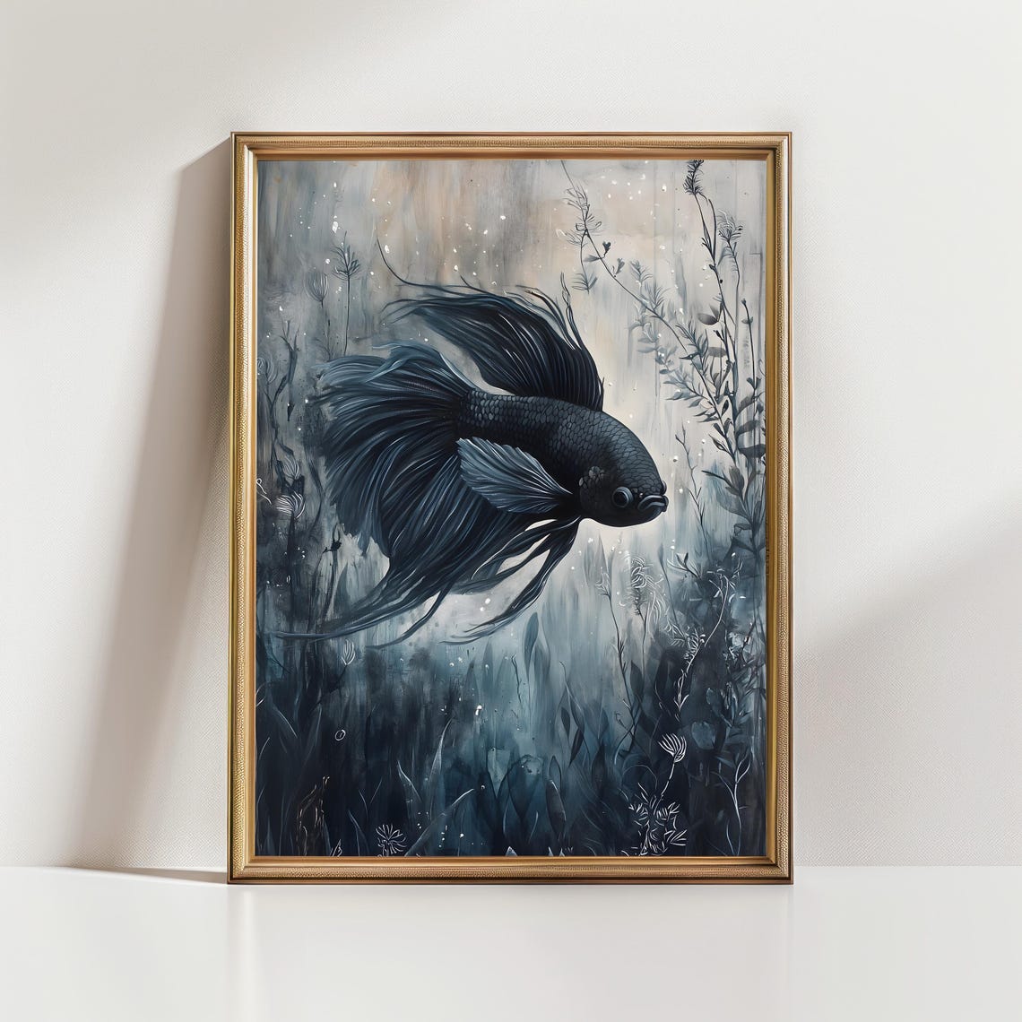 Black Betta Fish Monochrome Gray Underwater Watercolor Fish Art Poster - Image 2