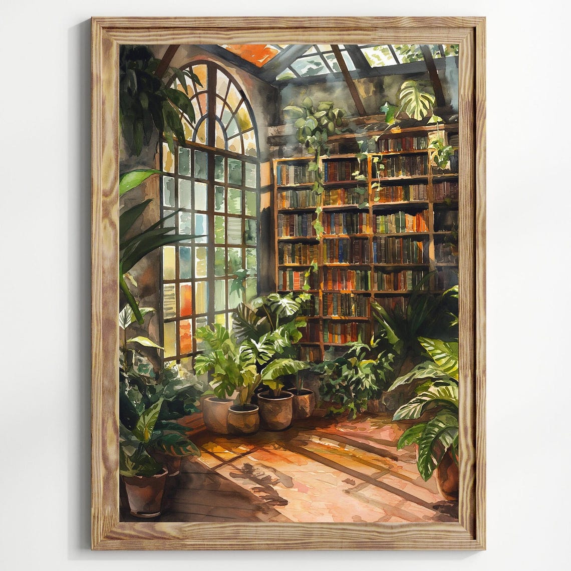 Sunlit Greenhouse Library Arched Windows Plants Books Botanical Poster - Image 2