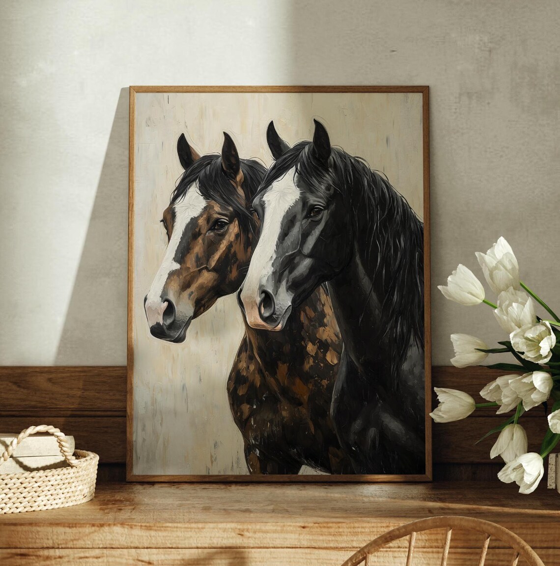 Black And White Horse Heads Portrait Farmhouse Equestrian Art Print