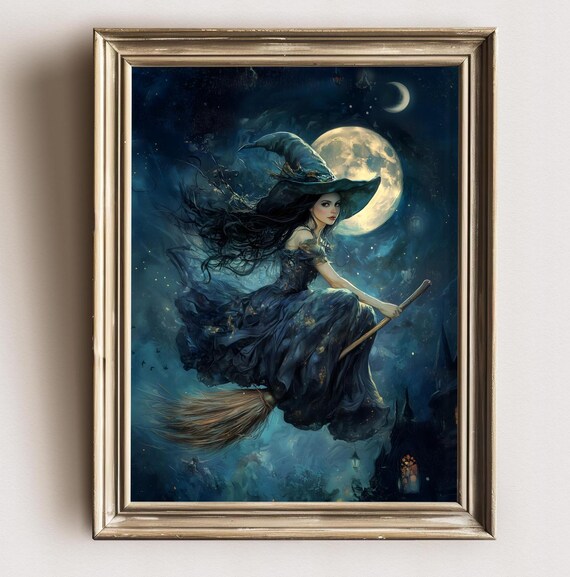 Witch Flying On Broomstick Witchy Wall Art Halloween Prints Flying Witch Painting Dark Academia Witch Home Decor Moody Wall Art Moon