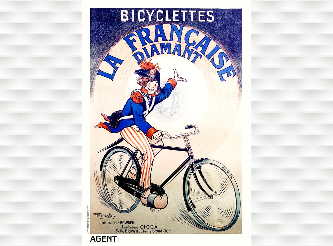 La Francaise Diamant Bicyclettes Vintage French Soldier Cyclist Poster