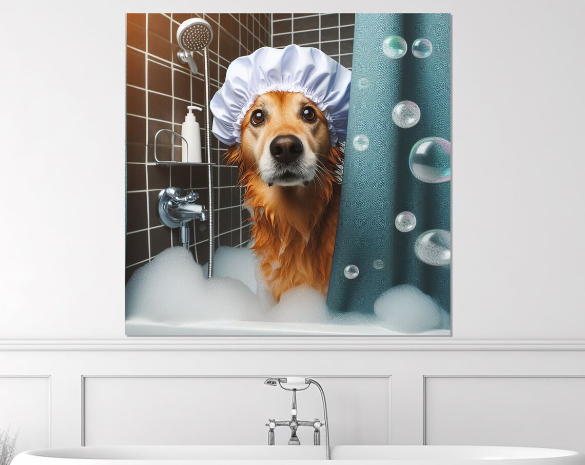 Golden Retriever Puppy in Shower Cap Bubble Bath Funny Animal Poster - Image 4