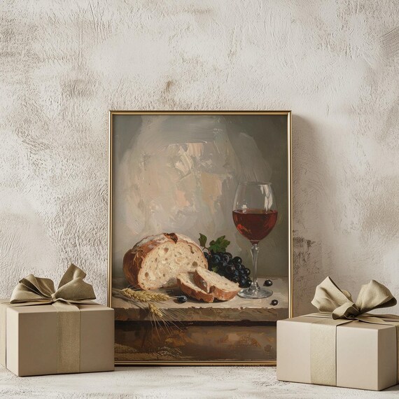 Bread and Wine Still Life with Grapes Vintage Kitchen Painting Poster