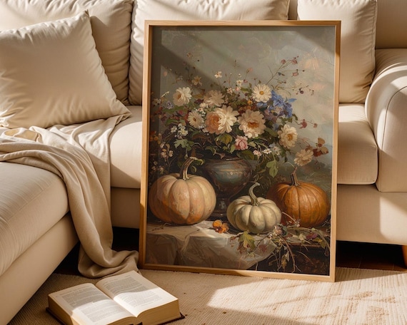 Vintage Pumpkin Floral Still Life Art Print Autumn Home Decor