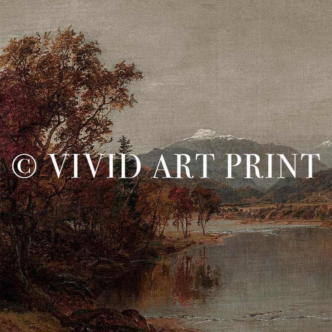 Autumn River Landscape, Moody Vintage Rustic Painting - Image 4