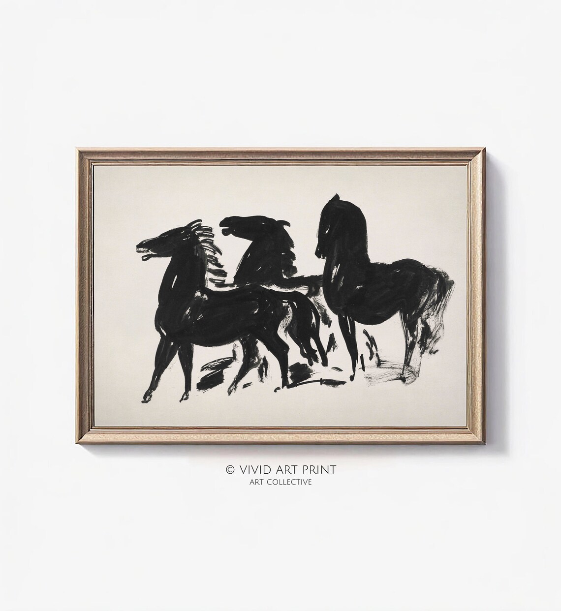 Vintage Brush Drawing Three Horses Antique Decor