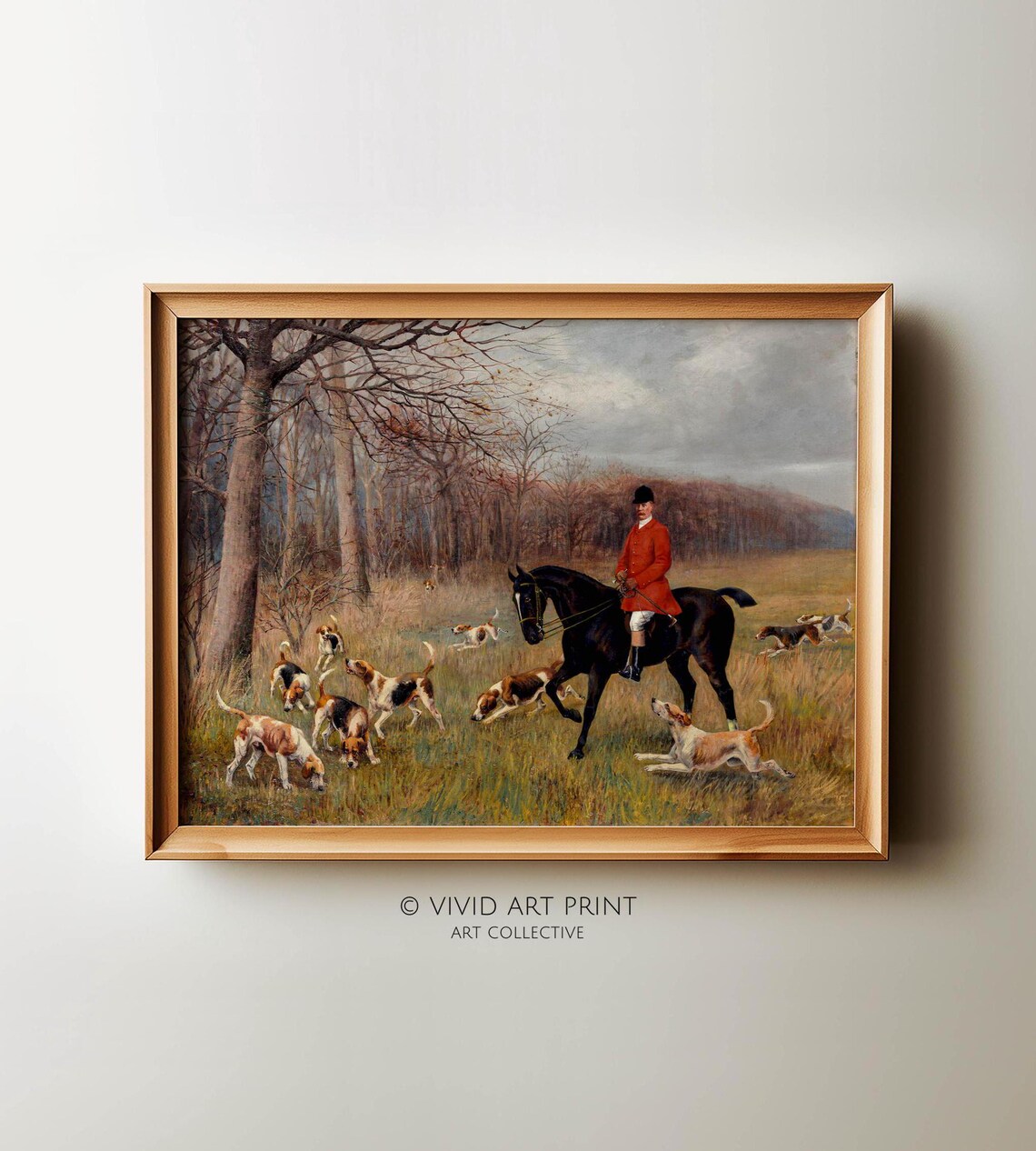Red Coat Fox Hunter on Horseback with Hounds Vintage Equestrian Poster