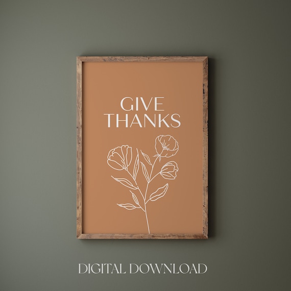 Give Thanks Line Flower Thanksgiving Autumn Fall Decor Wall Poster