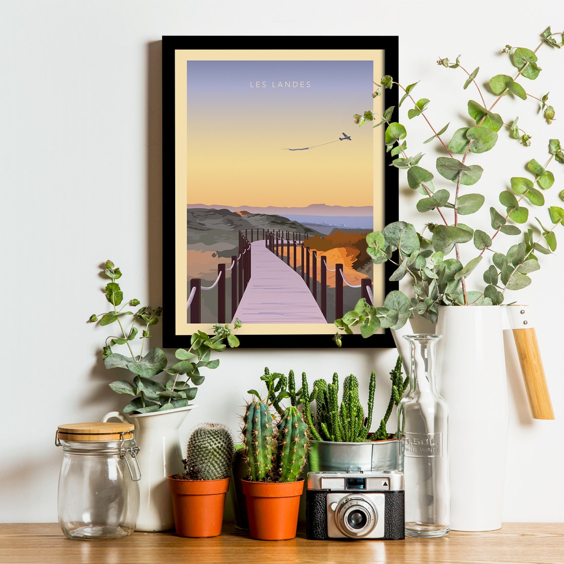 Les Landes Dune Boardwalk Sunset Airplane Banner Vintage Travel Poster - Image 3