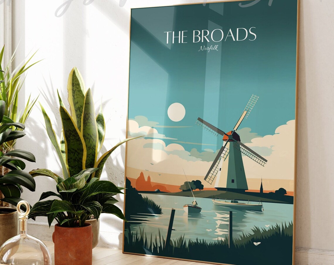 The Broads Norfolk Windmill Riverside Sunset Vintage Travel Poster