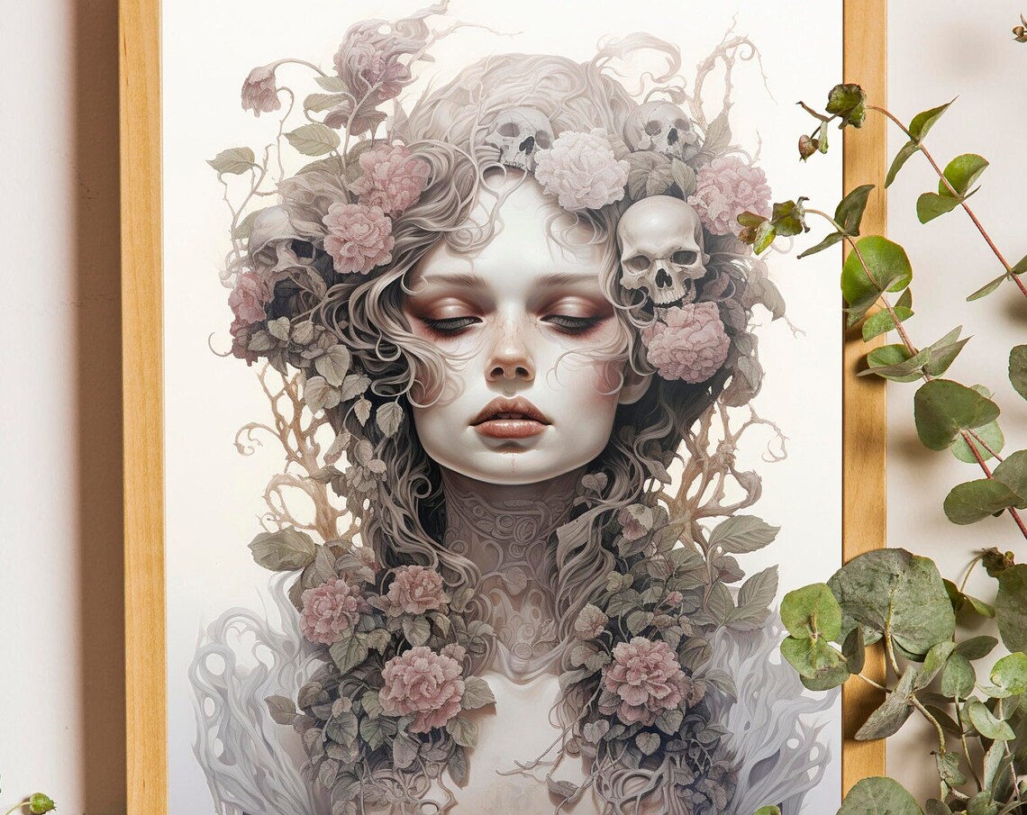 Pastel Goth Woman Portrait Skulls Roses Hair Victorian Art Print - Image 2