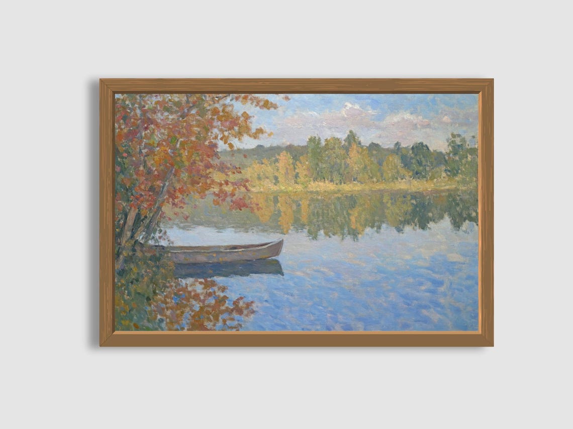 Autumn Lake with Canoe Impressionist Fall Landscape Painting Poster - Image 2