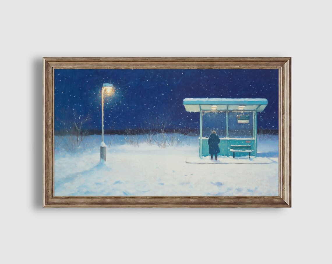 Lonely Snowy Night Bus Stop with a Glowing Lamp Under a Starry Sky Poster - Image 2