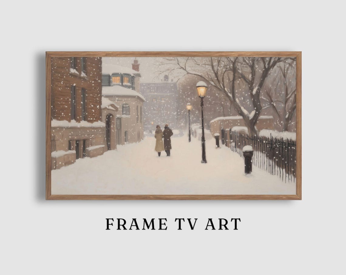 Couple Strolling Snowy Brick Street Lampposts Winter Scene Poster