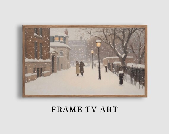 Couple Strolling Snowy Brick Street Lampposts Winter Scene Poster